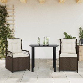Set comedor de jardín 3 piezas y cojines ratán sintético marrón