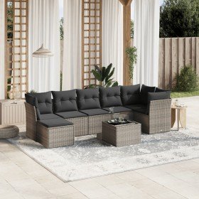 Set de sofás de jardín 8 pzas y cojines ratán sintético gris