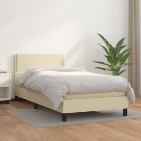 Cama box spring con colchón cuero sintético crema 