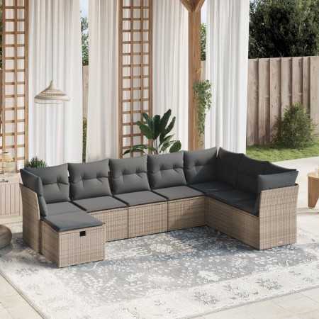 Set de sofás de jardín 8 pzas y cojines ratán sintético gris