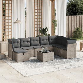 Set de muebles de jardín 9 pzas y cojines ratán sintético gris