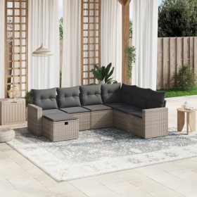 Set de sofás de jardín 7 piezas con cojines ratán PE gris