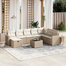 Set de sofás de jardín 9 pzas con cojines ratán sintético beige