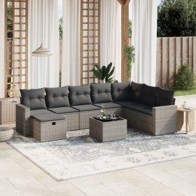 Set de muebles de jardín 9 pzas y cojines ratán sintético gris Set de muebles de jardín 9 pzas y cojines ratán sintético gris