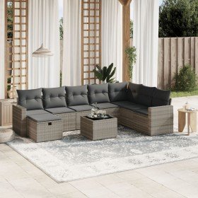 Set muebles jardín 9 pzas y cojines ratán sintético gris claro