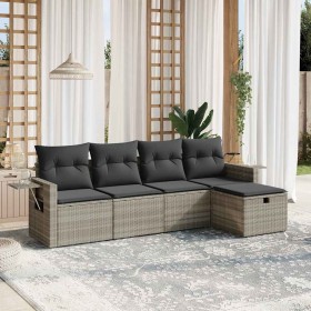 Set de sofás jardín y cojines 5 pzas ratán sintético gris claro
