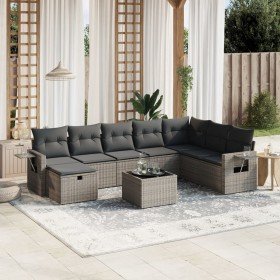 Set de muebles de jardín 9 pzas y cojines ratán sintético gris