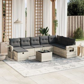 Set muebles jardín 9 pzas y cojines ratán sintético gris claro