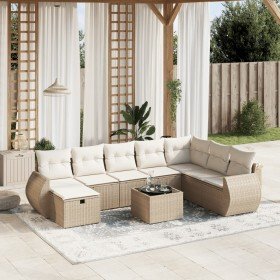 Set de sofás de jardín 9 pzas con cojines ratán sintético beige