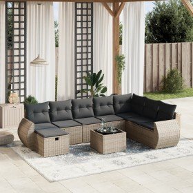 Set de muebles de jardín 9 pzas y cojines ratán sintético gris