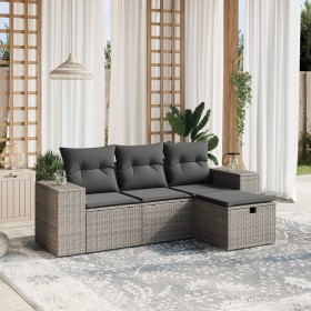 Set de sofás de jardín 4 pzas y cojines ratán sintético gris