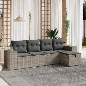 Set de sofás jardín y cojines 5 pzas ratán sintético gris claro