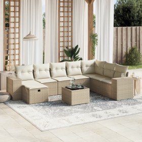 Set de sofás de jardín 9 pzas con cojines ratán sintético beige Set de sofás de jardín 9 pzas con cojines ratán sintético beige