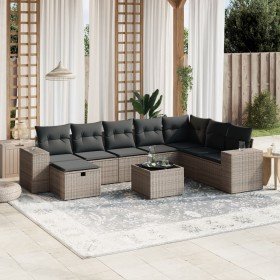Set de muebles de jardín 9 pzas y cojines ratán sintético gris
