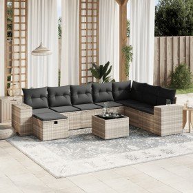 Set muebles jardín 9 pzas y cojines ratán sintético gris claro Set muebles jardín 9 pzas y cojines ratán sintético gris claro