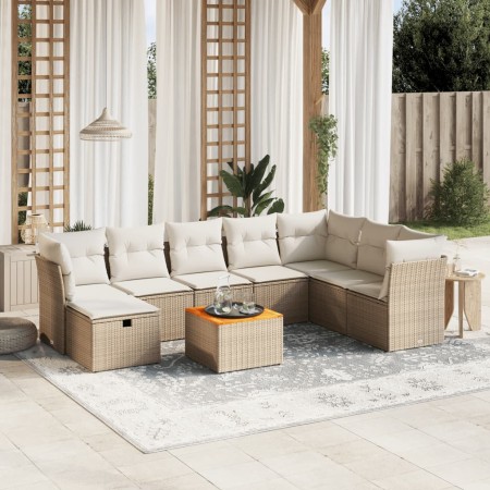 Set de sofás de jardín 9 pzas con cojines ratán sintético beige