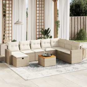 Set de sofás de jardín 9 pzas con cojines ratán sintético beige