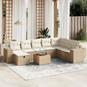 Set de sofás de jardín 9 pzas con cojines ratán sintético beige