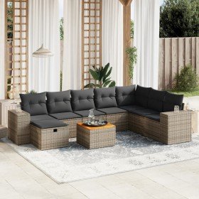 Set de muebles de jardín 9 pzas y cojines ratán sintético gris