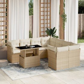 Set de sofás de jardín 9 pzas con cojines ratán sintético beige Set de sofás de jardín 9 pzas con cojines ratán sintético beige