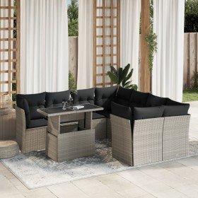 Set muebles jardín 9 pzas y cojines ratán sintético gris claro