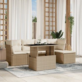 Juego de sofás jardín con cojines 6 pzas ratán sintético beige