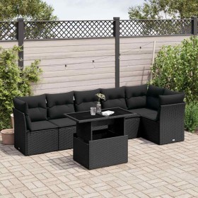 Set de sofás de jardín 7 pzas con cojines ratán sintético negro