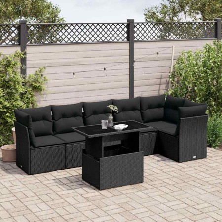 Set de sofás de jardín 7 pzas con cojines ratán sintético negro