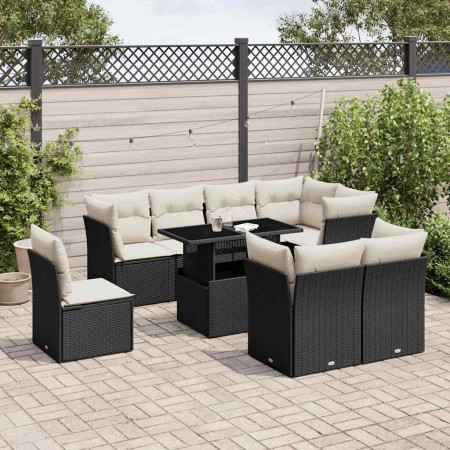 Set de sofás de jardín 8 piezas y cojines ratán sintético negro