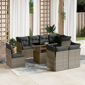 Set de muebles de jardín 9 pzas y cojines ratán sintético gris