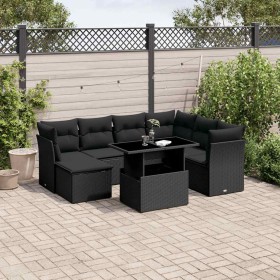 Set de sofás de jardín 8 piezas y cojines ratán sintético negro