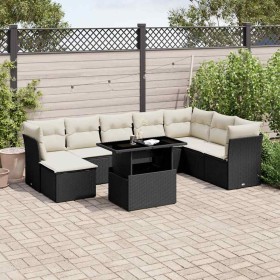 Set de sofás de jardín 8 piezas y cojines ratán sintético negro