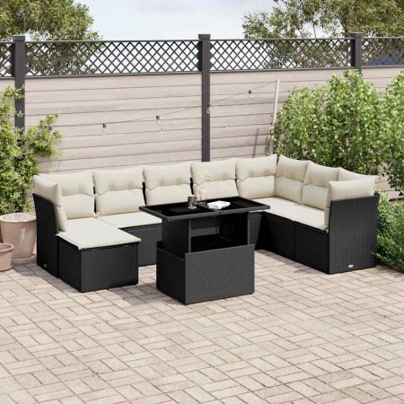 Set de sofás de jardín 8 piezas y cojines ratán sintético negro