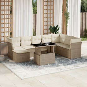 Set de sofás de jardín 9 pzas con cojines ratán sintético beige