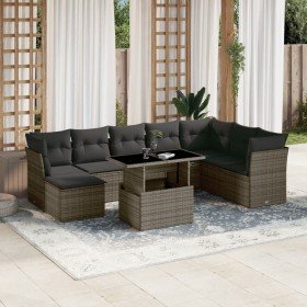 Set de muebles de jardín 9 pzas y cojines ratán sintético gris