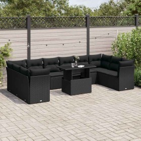 Set de sofás de jardín 11 pzas y cojines ratán sintético negro