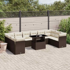 Set de sofás de jardín 11 pzas cojines ratán sintético marrón