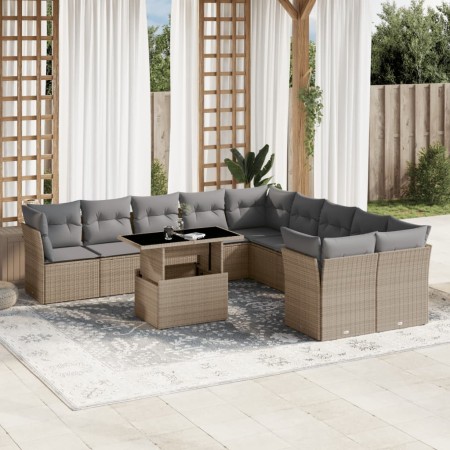 Set de sofás de jardín 11pzas con cojines ratán sintético beige