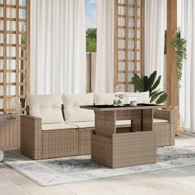 Juego de sofás jardín con cojines 5 pzas ratán sintético beige