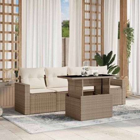Juego de sofás jardín con cojines 5 pzas ratán sintético beige