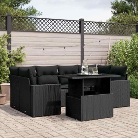 Set de sofás de jardín 7 pzas con cojines ratán sintético negro