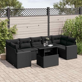Set de sofás de jardín 8 piezas y cojines ratán sintético negro