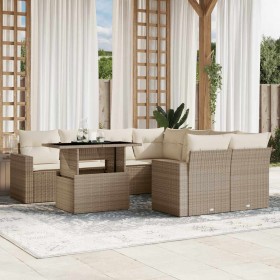 Set de sofás de jardín 9 pzas con cojines ratán sintético beige