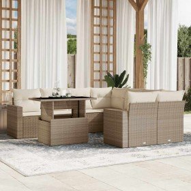 Set de sofás de jardín 9 pzas con cojines ratán sintético beige