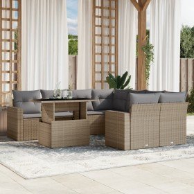 Set de sofás de jardín 9 pzas con cojines ratán sintético beige