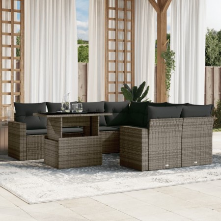 Set de muebles de jardín 9 pzas y cojines ratán sintético gris