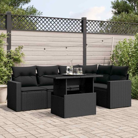 Set de sofás de jardín 6 piezas y cojines ratán sintético negro