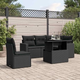 Set de sofás de jardín 6 piezas y cojines ratán sintético negro