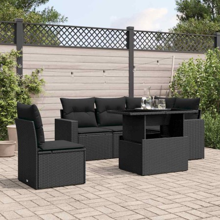 Set de sofás de jardín 6 piezas y cojines ratán sintético negro