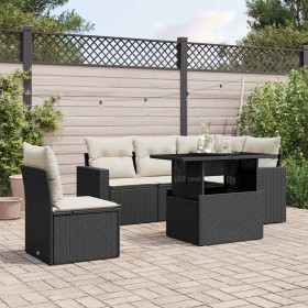Set de sofás de jardín 6 piezas y cojines ratán sintético negro